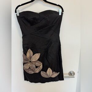 Jolie Black Strapless Dress with Tan Floral Design